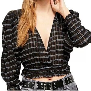 Free People Girlfriend Crop Top Black Combo Small Striped Ribbed Raw Hem Wrap